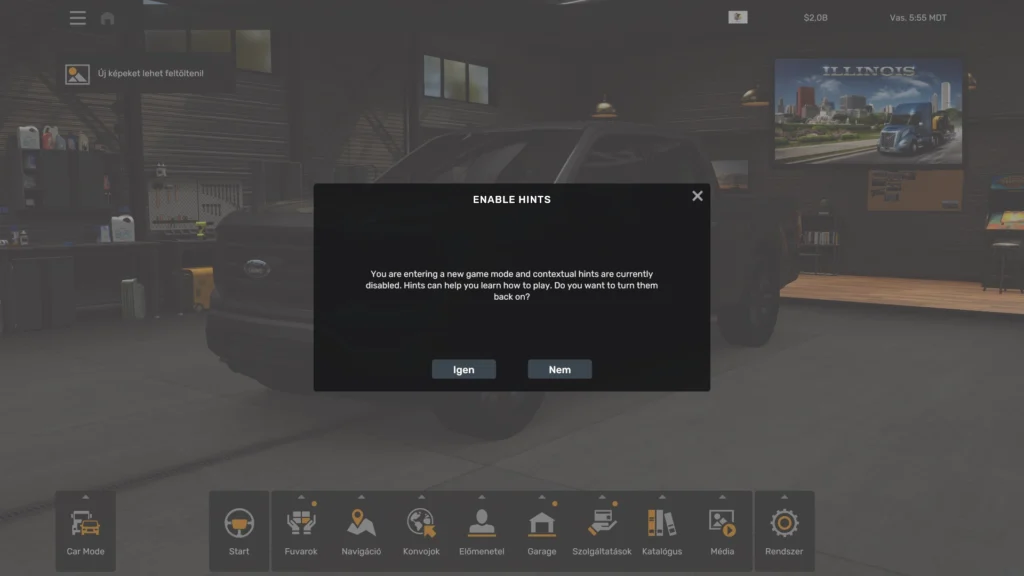 Ez pedig a Car Mode főképernyője, menüsora. Első kérdés, hogy akarod-e, hogy a program tippekkel segítsen átkalauzolni a kezdeti nehézségeken.