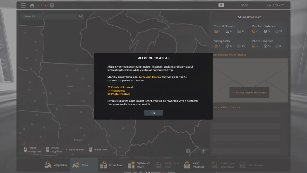 Egyelőre az Atlas felülete is angol. Érdemes elolvasnod a bevezetőt (WELCOME TO  ATLAS), mert itt kapod meg a jelmagyarázatot arra, hogy a felkeresendő Tourist Board-ok milyen felkeresendő objektumokból áll (Látnivaló - Viewpoint, Látványosság - Photo Trophies és Érdekes helyek - Points of Interest).